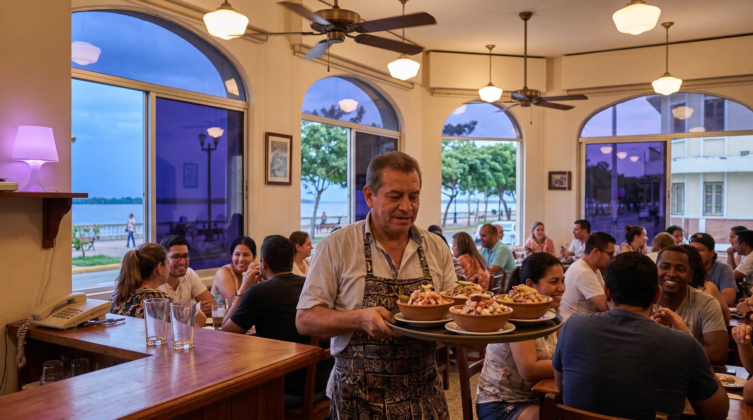 Mesero llevando ceviches en una cevichería de Guayaquil con el Malecón y el río Guayas de fondo